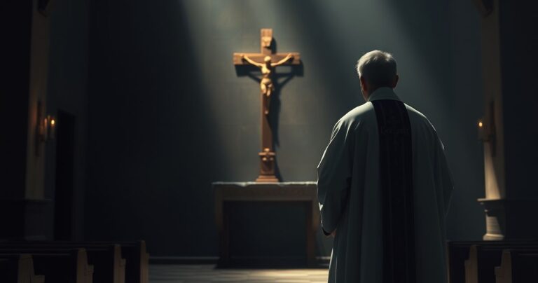 Koncelebrowana scena w tradycyjnym kościele, kapłan w liturgicznym szatach przed ołtarzem, wyrażający troskę o wierność katolickim zasadom w obliczu modernizmu