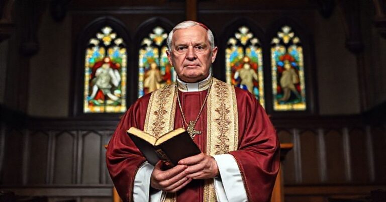 Biskup w tradycyjnych szatach liturgicznych stoi przed amboną w starym kościele z witrażami przedstawiającymi sceny biblijne.