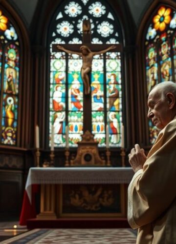 Obrona wartości katolickich w obliczu zdrady duchowej Kapłan modlący się przed krzyżem, symbolizujący obronę katolickich wartości wobec nowoczesnych zagrożeń