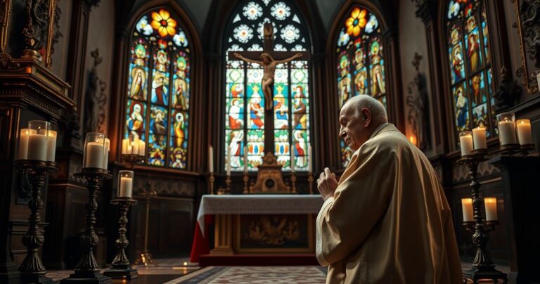 Kapłan modlący się przed krzyżem, symbolizujący obronę katolickich wartości wobec nowoczesnych zagrożeń