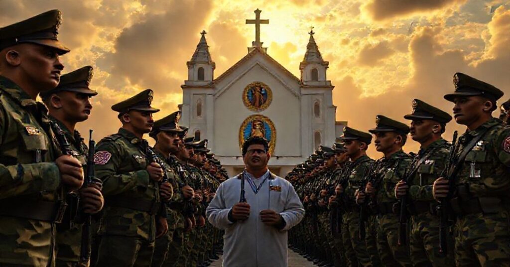 Wenezuelscy żołnierze z prezydentem Nicolásem Maduro przed kościołem katolickim z lotniskowcem USS Gerald R. Ford na tle.