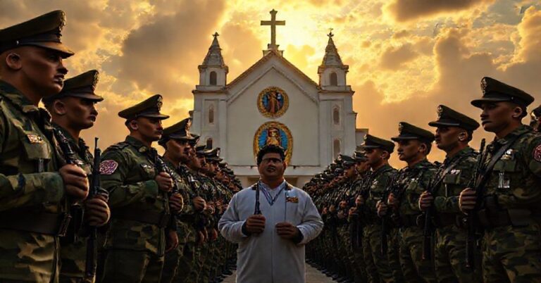 Wenezuelscy żołnierze z prezydentem Nicolásem Maduro przed kościołem katolickim z lotniskowcem USS Gerald R. Ford na tle.