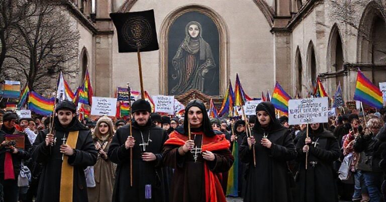 Obraz przedstawiający obronę sanktuarium jasnogórskiego przez katolickich aktywistów podczas kontrowersyjnego marszu LGBT.
