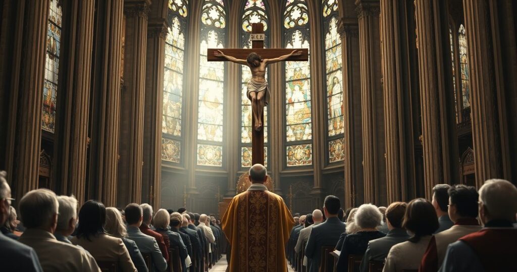 Rekolekcja w kościele katolickim z kapłanem przed krzyżem, symbolizująca moralną i duchową obronę wiary