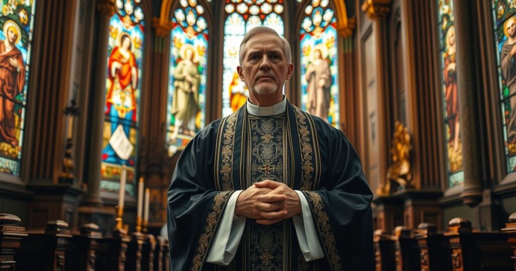 Kapłan w tradycyjnym stroju katolickim w świątyni, symbolizujący obronę wiary i moralną prawdę przeciwko modernistycznym wpływom i ideologiom LGBT