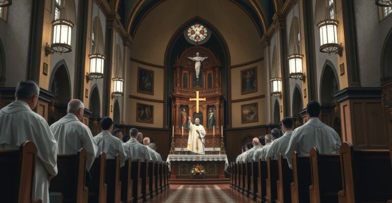 Sanktuarium katolickie z duchownymi w liturgicznym wystroju, wyrazami powagi i troski o prawdziwą wiarę