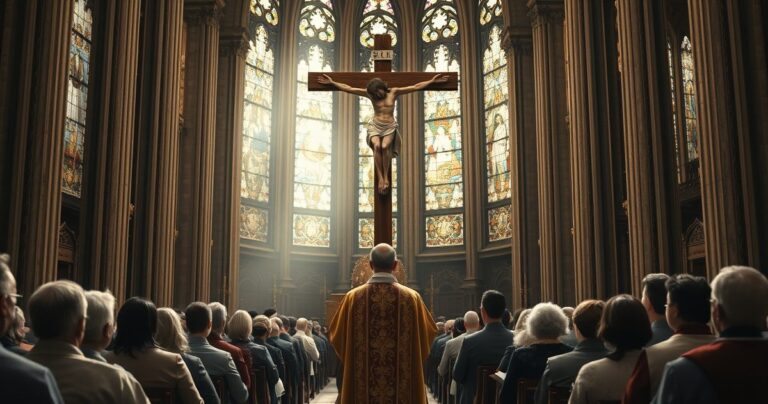 Rekolekcja w kościele katolickim z kapłanem przed krzyżem, symbolizująca moralną i duchową obronę wiary