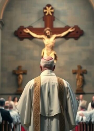Obrona wiary katolickiej w obliczu modernistycznego ekumenizmu Ksiądz w tradycyjnych szatach katolickich przed krzyżem, symbolizujący obronę wiary katolickiej przeciwko ekumenicznemu modernizmowi