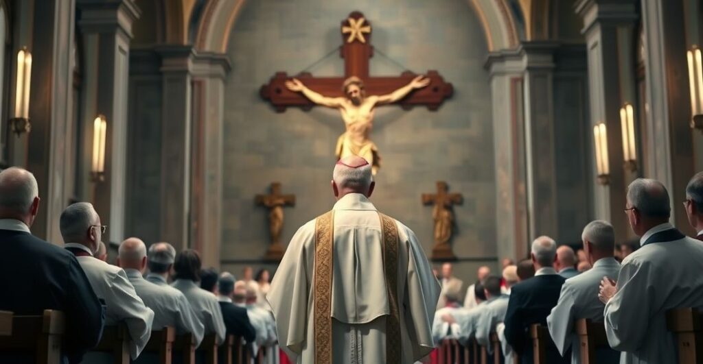 Ksiądz w tradycyjnych szatach katolickich przed krzyżem, symbolizujący obronę wiary katolickiej przeciwko ekumenicznemu modernizmowi