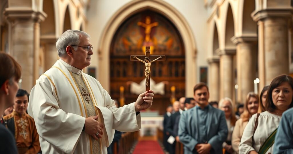 Tradycyjny katolicki kościół z kapłanem trzymającym krzyż, w kontekście obrony wiary przed cyfrową inwigilacją i naruszeniem wolności religijnej.