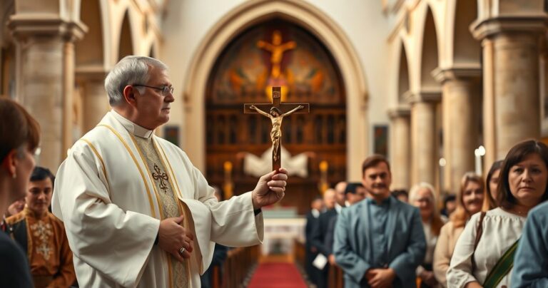 Tradycyjny katolicki kościół z kapłanem trzymającym krzyż, w kontekście obrony wiary przed cyfrową inwigilacją i naruszeniem wolności religijnej.