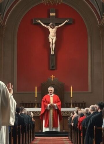 Biskup katolicki w obronie wiary przeciw modernizmowi Biskup katolicki w tradycyjnym stroju, w poważnej postawie, w historycznym kościele, symbolizujący obronę prawdy katolickiej przed modernistycznymi zagrożeniami