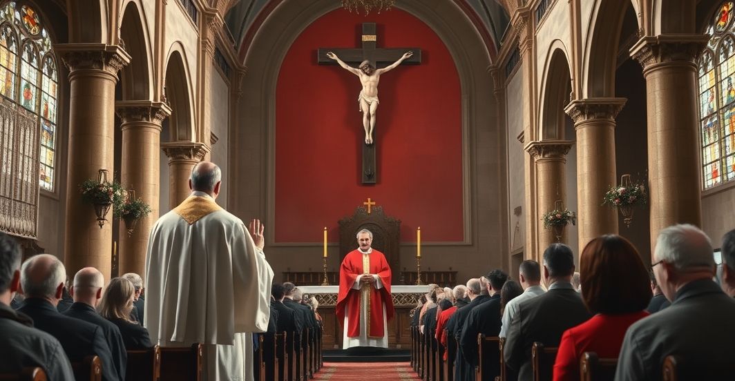 Biskup katolicki w tradycyjnym stroju, w poważnej postawie, w historycznym kościele, symbolizujący obronę prawdy katolickiej przed modernistycznymi zagrożeniami