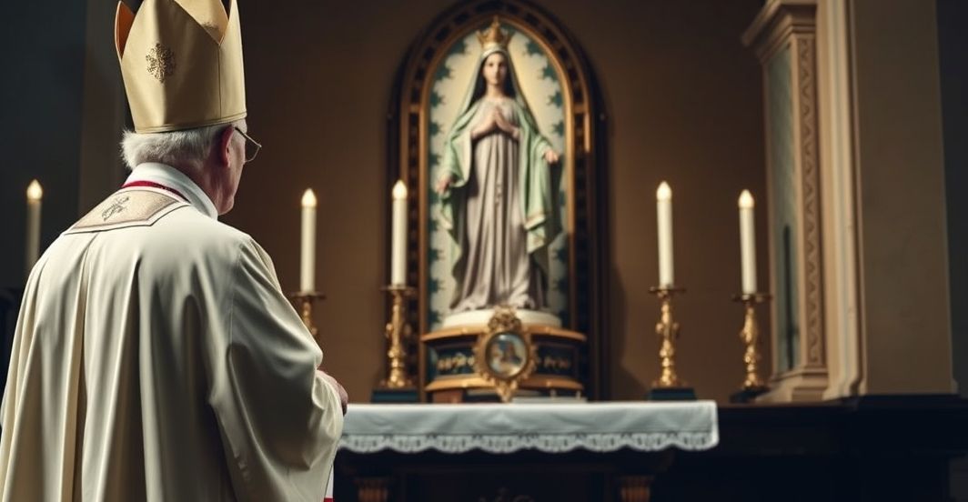 Realistyczne zdjęcie kapłana w tradycyjnych szatach przed figurą Matki Bożej, symbolizujące obronę prawdziwej wiary katolickiej