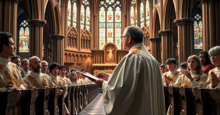 Obraz ukazujący tradycyjną katolicką ceremonię w kościele, z kapłanem w sutannie, koncentrującym się na nauczaniu, symbolizującym obronę katolickiej wiary przed nowoczesnym modernizmem