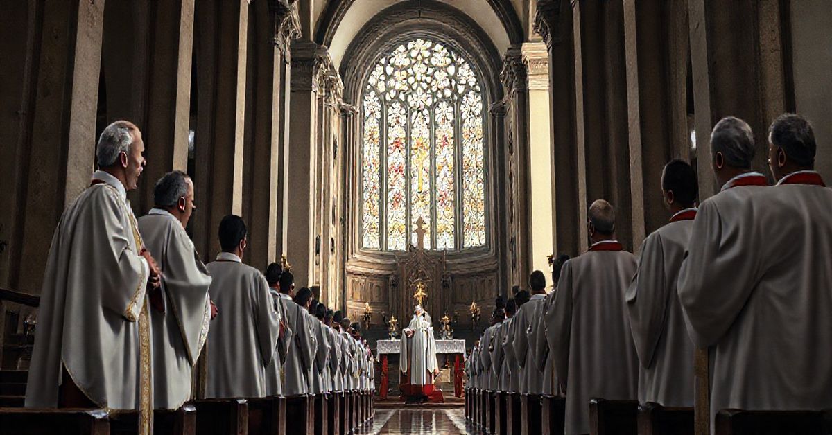 Szkielet tradycyjnego katolickiego kościoła z duchownymi w modlitwie, symbolizujący obronę wiary wobec heretyckich zmian