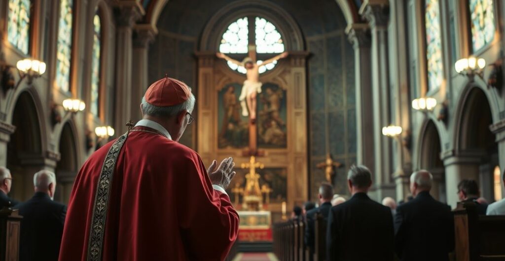Ksiądz w tradycyjnych szatach modli się przed krucyfiksem w katedrze, symbolizując obronę katolickiej wiary przeciw nowoczesnym nadużyciom