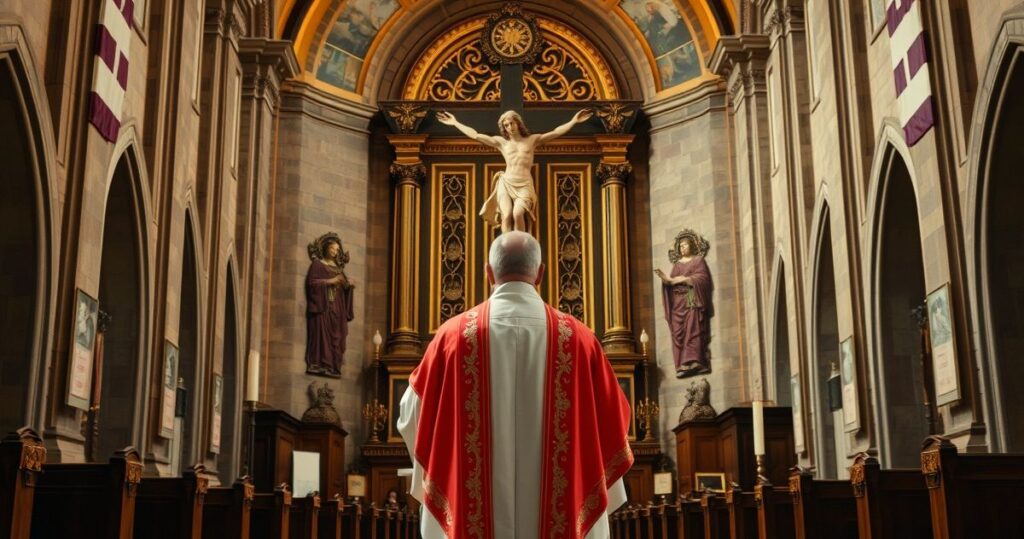 Kapłan katolicki w ornatach przed krzyżem w starej świątyni, symbolizujący obronę wiary i krytykę nowoczesnych zagrożeń dla religii i moralności