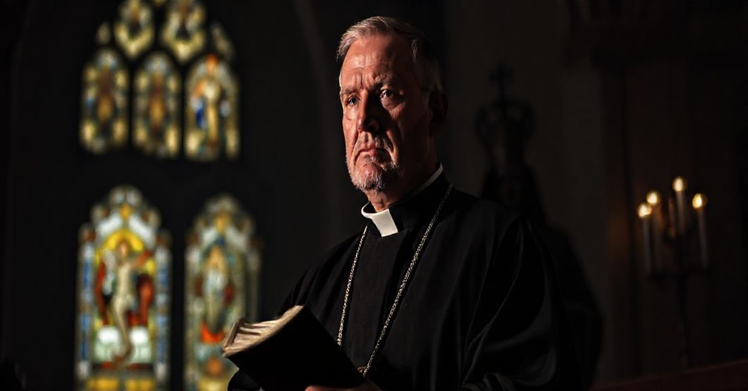 Ksiądz katolicki trzyma mszał w tradycyjnym kościele, symbolizując obronę nauki kościelnej przed ekumenicznymi kompromisami