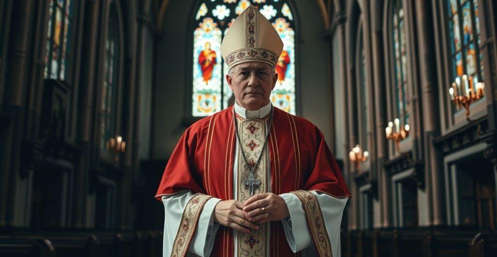 Biskup w tradycyjnym stroju katolickim w kościele, refleksja nad upadkiem chrześcijaństwa i zagrożeniami islamizacji Zachodu