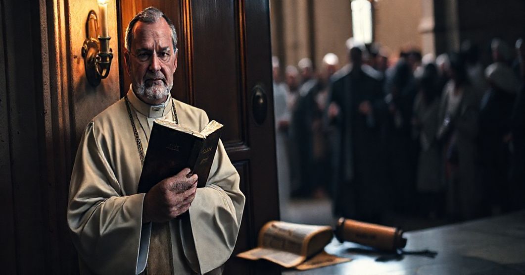 Ksiądz w tradycyjnych szatach kościelnych stoi przed zamkniętymi drzwiami kościoła, trzymając stary egzemplarz Katechizmu. Scena symbolizuje konflikt między prawdziwą wiarą katolicką a nowoczesnym zdradziectwem doktryny.