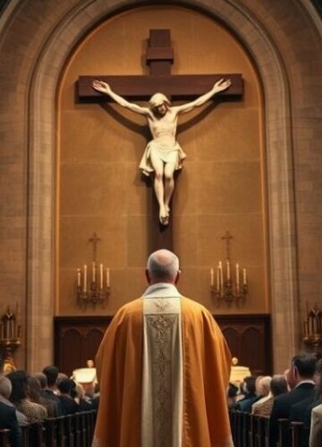 Scena katolicka w obronie wiary przeciw ekumenizmowi Prawdziwa, pełna czci scena katolicka w kościele z kapłanem przed krzyżem, symbolizująca opór wobec ekumenizmu i modernistycznej herezji
