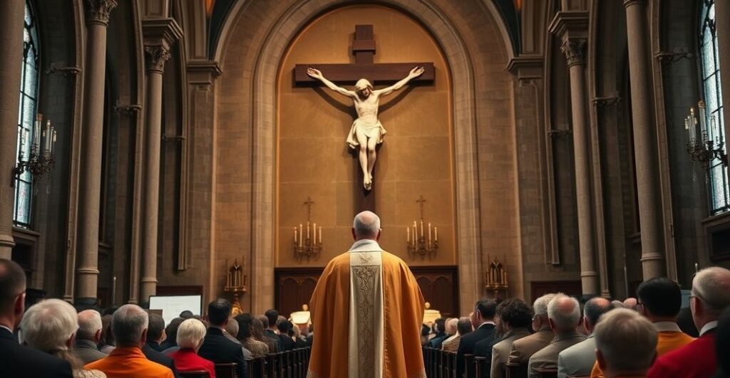 Prawdziwa, pełna czci scena katolicka w kościele z kapłanem przed krzyżem, symbolizująca opór wobec ekumenizmu i modernistycznej herezji