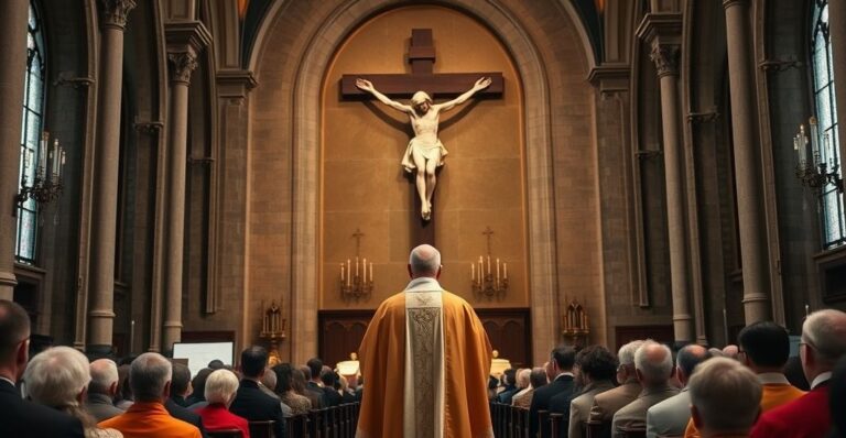 Prawdziwa, pełna czci scena katolicka w kościele z kapłanem przed krzyżem, symbolizująca opór wobec ekumenizmu i modernistycznej herezji