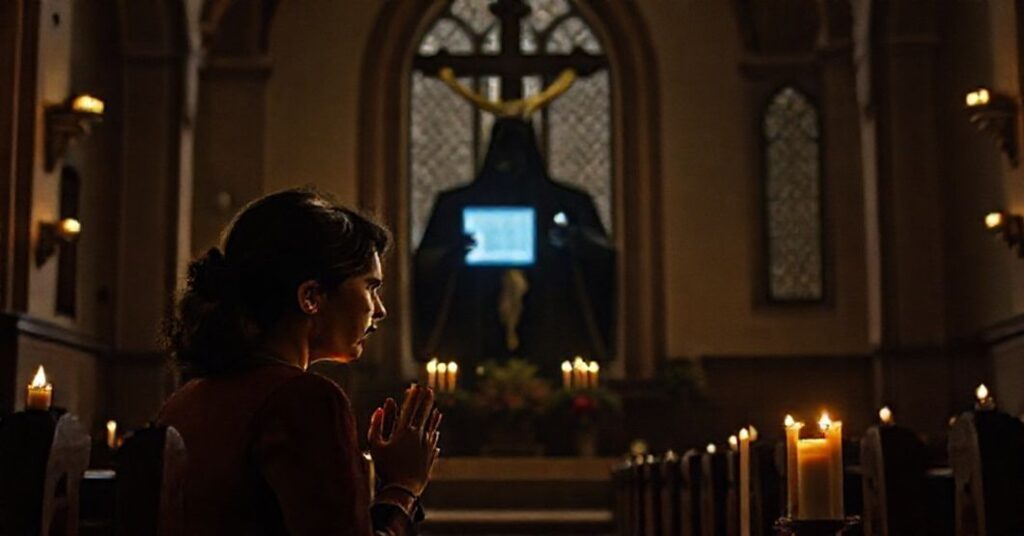 Pielgrzymka kobiety przed krucyfiksem w tradycyjnym kościele z cieńmi technokratów w tle