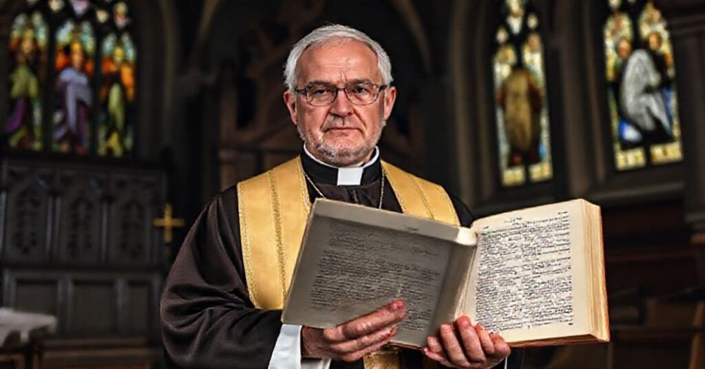 Ksiądz w tradycyjnych szatach stoi przed amboną z otwartym egzemplarzem Pascendi Dominici Gregis św. Piusa X w gotyckiej kaplicy.