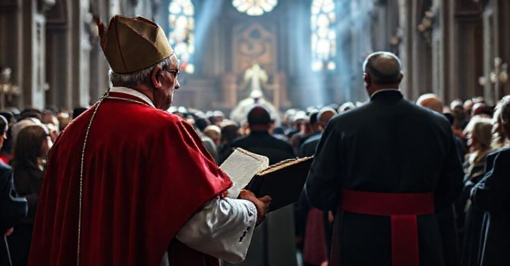 Tradycyjny biskup w stroju liturgicznym przed katedrą symbolizujący obronę katolickiej doktryny przeciwko nowoczesnym odchyleniom.