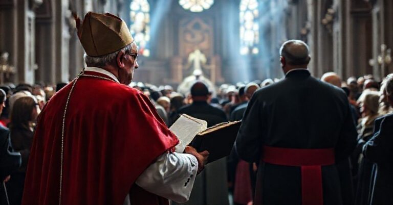 Tradycyjny biskup w stroju liturgicznym przed katedrą symbolizujący obronę katolickiej doktryny przeciwko nowoczesnym odchyleniom.