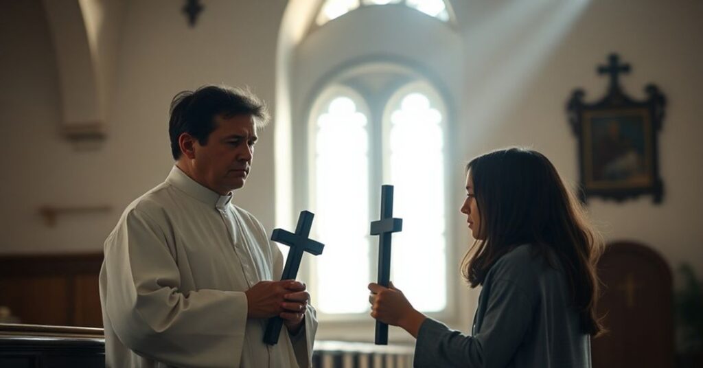 Młody człowiek w smutku szuka wsparcia duchowego od katolickiego księdza w prostym kościele. Ksiądz w sutannie trzyma krzyż symbolizujący obronę prawdy moralnej i prawa naturalnego.