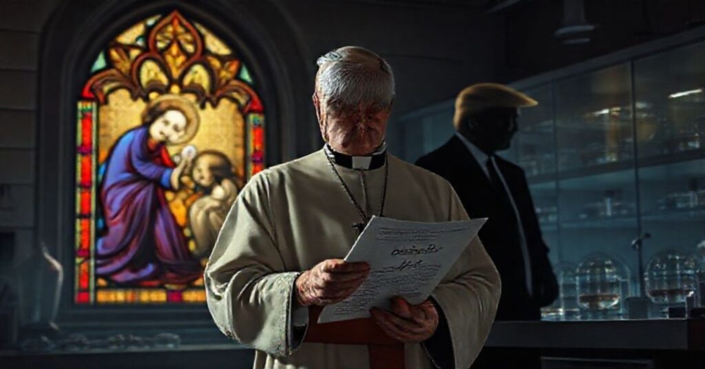 Ksiądz w tradycyjnych szatach liturgicznych stoi przed witrażem przedstawiającym Zwiastowanie, trzymając dokument pt. 'Raport etyczny in vitro', na tle cieni polityków w laboratorium biotechnologicznym