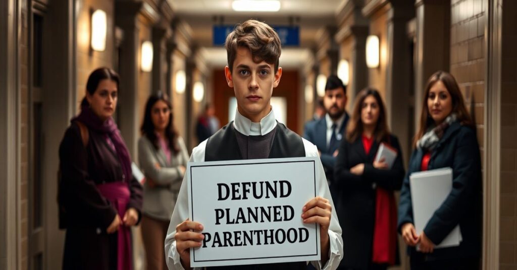 Uczeń katolicki w tradycyjnym stroju trzyma plakat pro-life przed szkołą Noblesville High School, symbolizujący walkę o wolność słowa i obronę życia