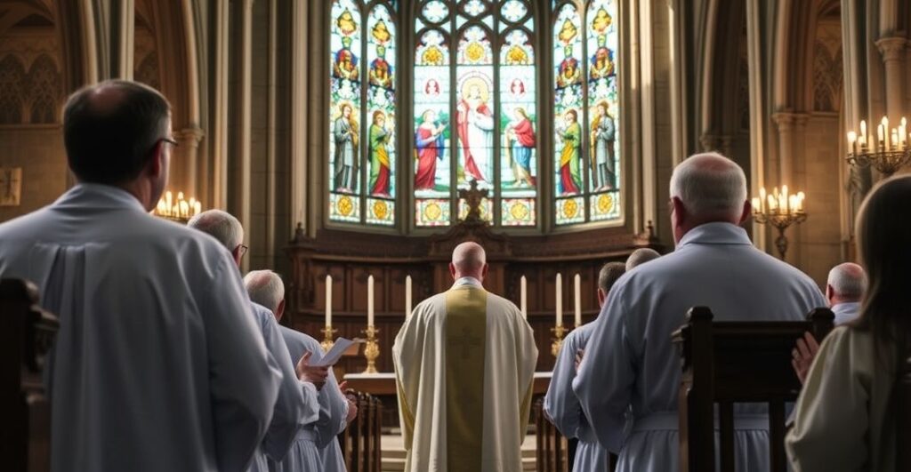 Religijne przedstawienie kapłana w modlitwie w starożytnej świątyni, symbolizujące obronę życia i królewską władzę Chrystusa