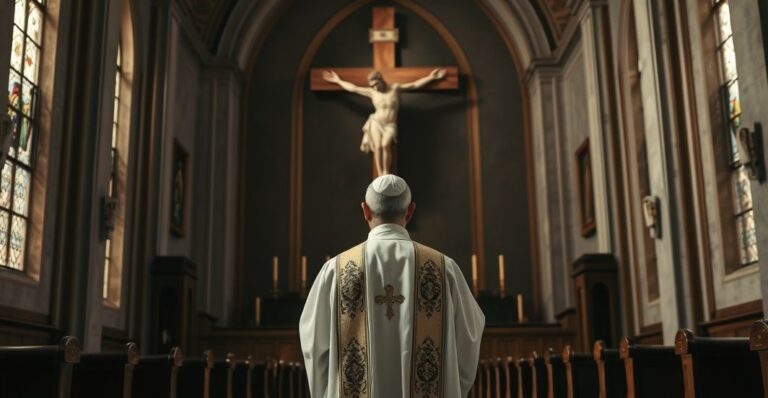 Ksiądz w tradycyjnym stroju przed krucyfiksem w kościele, symbolizujący obronę życia i prawdy Bożej wobec współczesnych zagrożeń