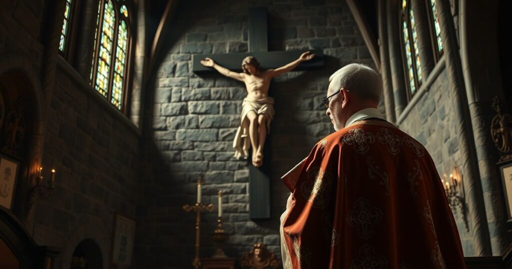 Duchown katolicki w liturgicznym stroju przed krucyfiksem w starej świątyni, symbolizujący obronę życia i moralność w obliczu nowoczesnych zagrożeń prawnych