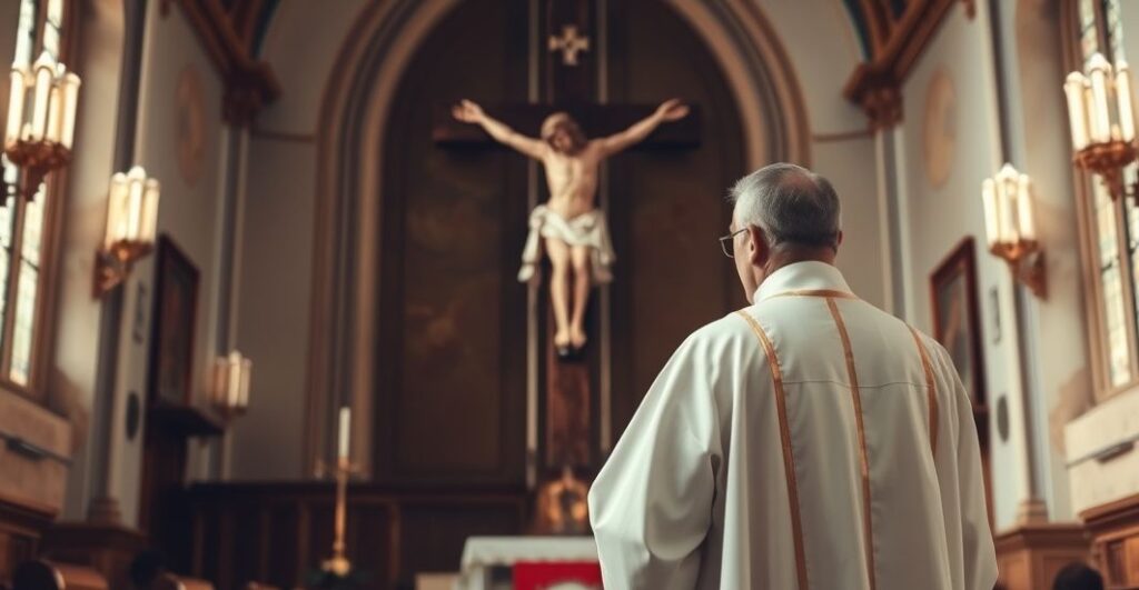 Ksiądz w tradycyjnym stroju stoi przed krucyfiksem, rozważając świętość życia w kontekście zagrożeń sekularyzmu i eutanazji