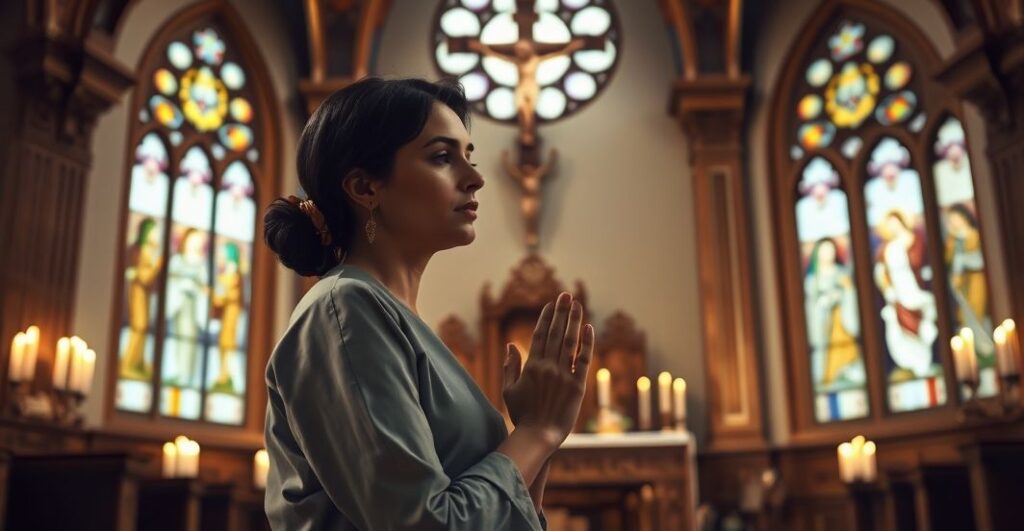 Religijna scena modlitwy katolickiej kobiety w kościele, symbolizująca obronę życia i moralność