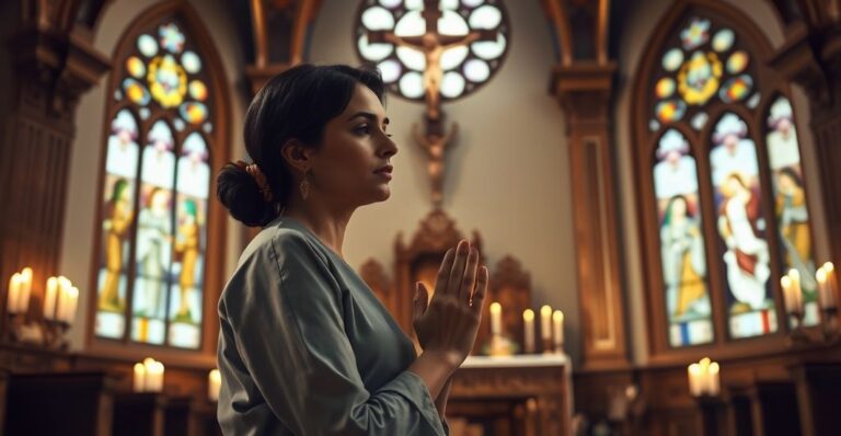 Religijna scena modlitwy katolickiej kobiety w kościele, symbolizująca obronę życia i moralność