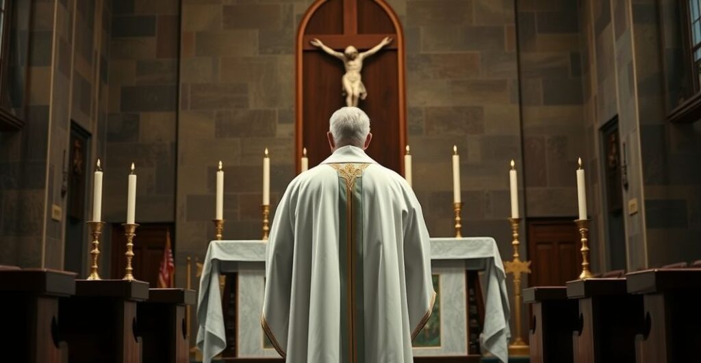 Ksiądz w liturgicznym stroju przed ołtarzem, wyraz powagi i obrona życia w katolickiej tradycji