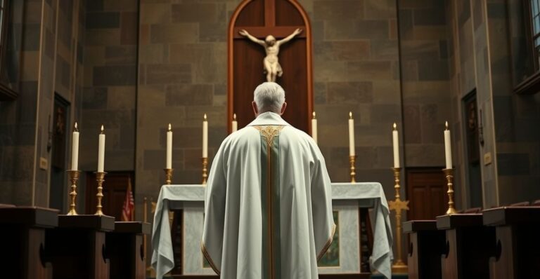 Ksiądz w liturgicznym stroju przed ołtarzem, wyraz powagi i obrona życia w katolickiej tradycji
