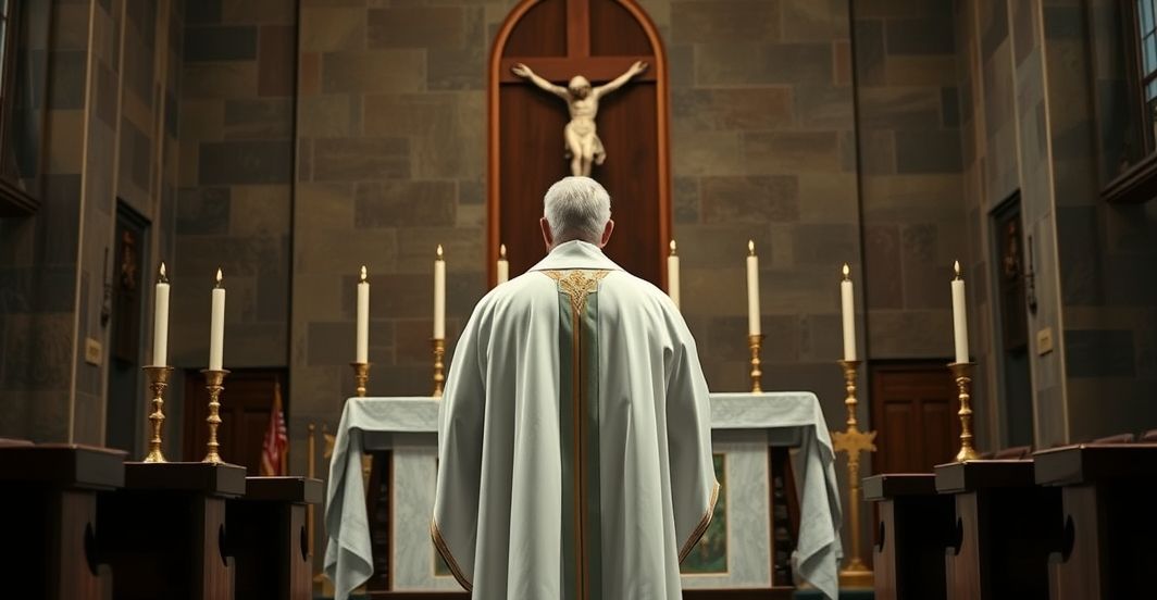 Ksiądz i ołtarz w obronie życia w katolickiej tradycji Ksiądz w liturgicznym stroju przed ołtarzem, wyraz powagi i obrona życia w katolickiej tradycji