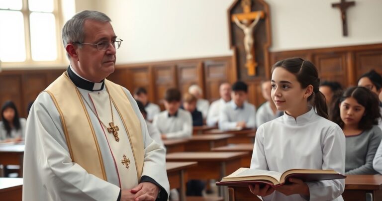 Scena edukacji katolickiej z kapłanem i uczniem w konfesjonale, podkreślająca moralność i wierność wierze