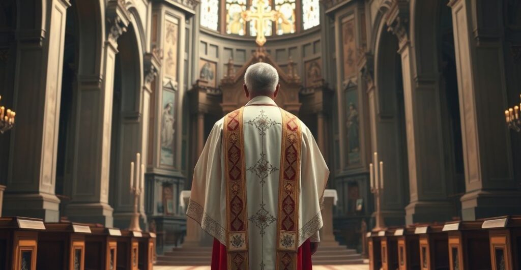 Ksiądz w tradycyjnych szatach przed ołtarzem w wnętrzu kościoła, symbolizujący troskę o wierność naukom katolickim w obliczu modernistycznych zmian