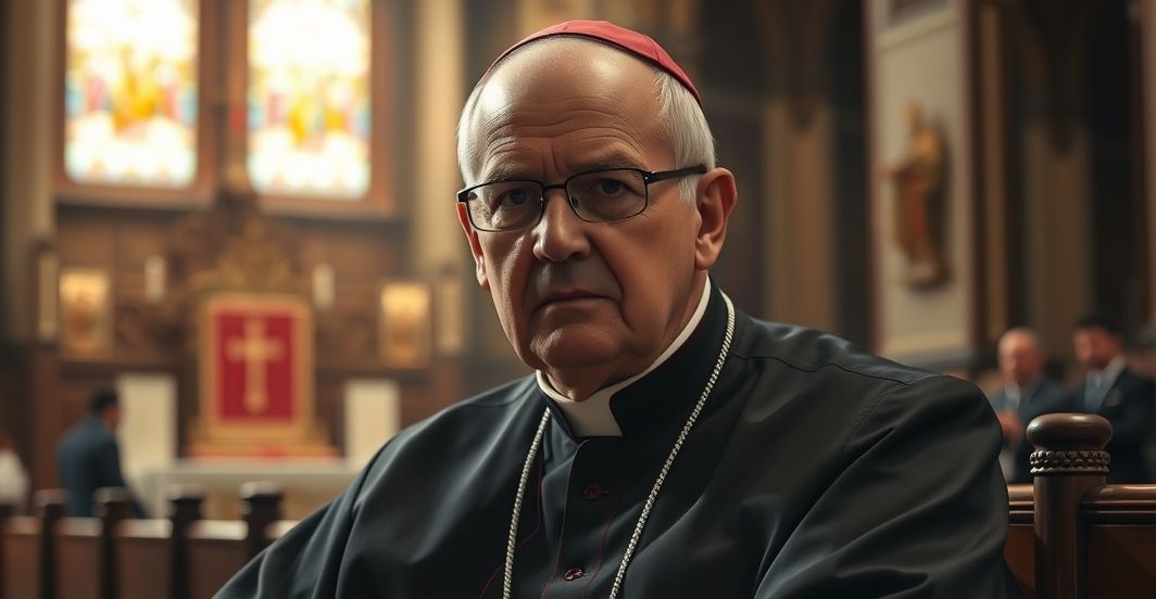 Biskup w tradycyjnym stroju katolickim w kościele, symbolizujący obronę wiary przeciw modernizmowi