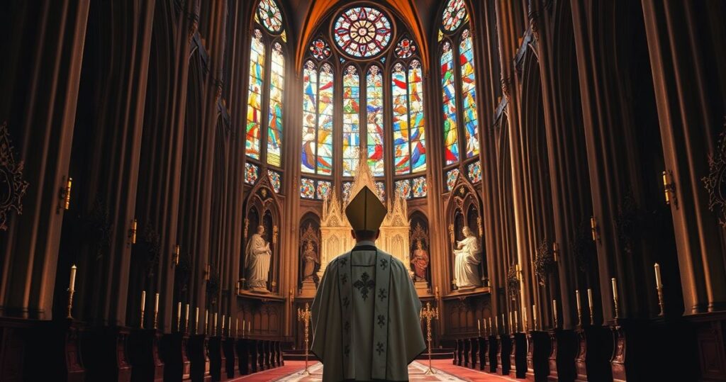 Szczegółowy obraz katolickiego duchownego w tradycyjnych szatach stojącego przed ołtarzem w katedrze, symbolizujący obronę czystości wiary wobec modernistycznej infiltracji.