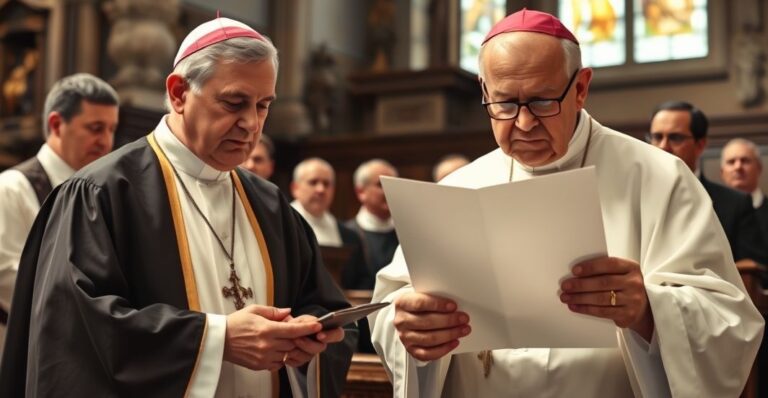 Kler w tradycyjnych szatach czytający poważny list w katolickim kościele, symbolizujący obronę wiary przed modernizmem