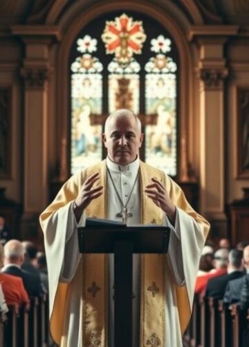 Rewersja wiary katolickiej w kazaniu - obraz obrońcy ortodoksji Kapłan w tradycyjnym stroju katolickim głosi kazanie w sakralnym wnętrzu kościoła, symbolizując obronę wiary przed modernistyczną reinterpretacją